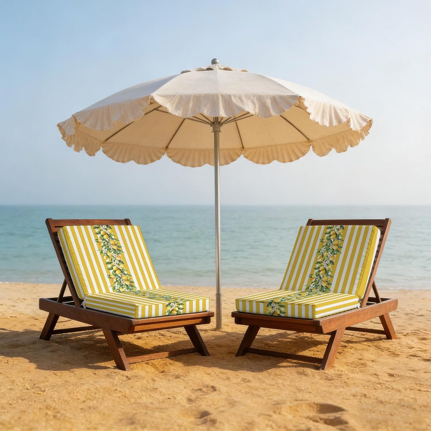 Outdoor Patio Cushion Covers 2 Pack Yellow Lemon Stripes Chair Pads Slipcovers with Ties Waterproof Floral Fruit Leaves Seat Cushion Covers for Outdoor Furniture Protector Couch Sofa 22x20 Inch