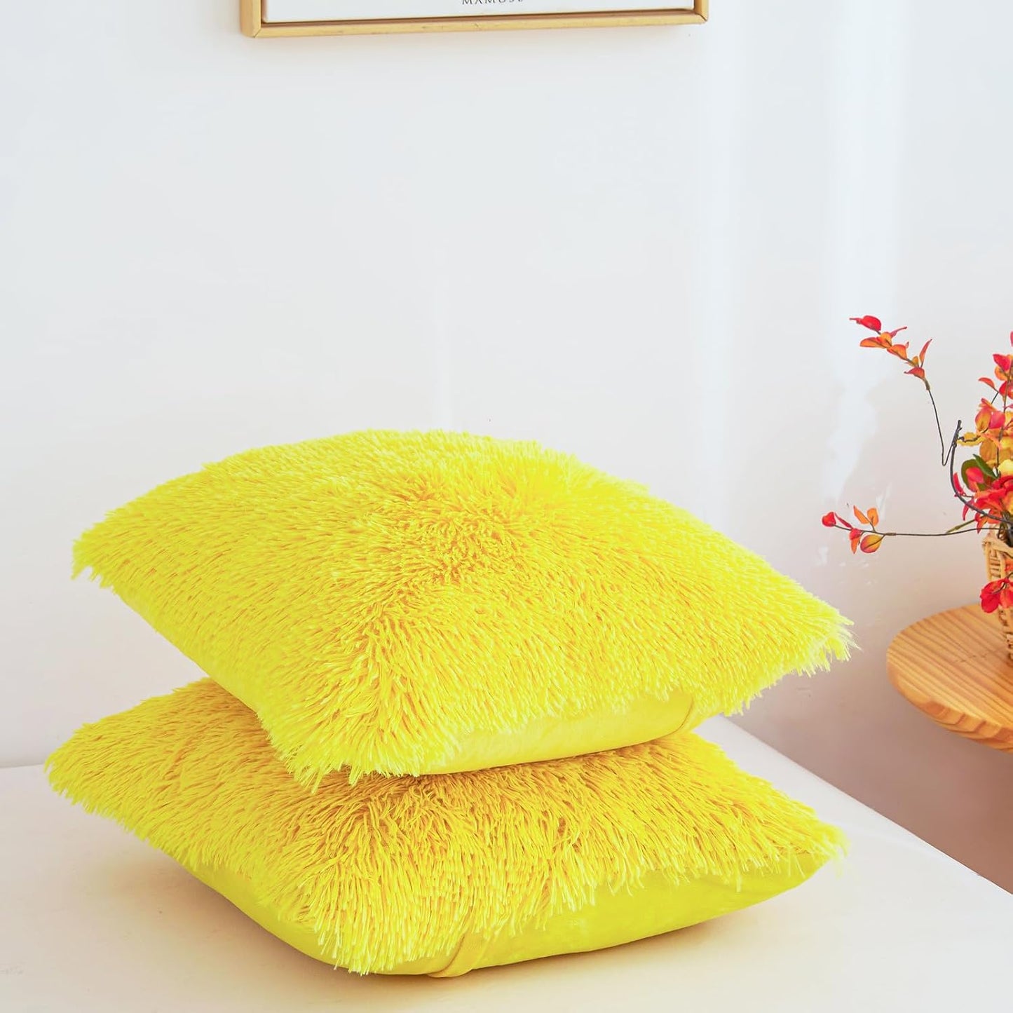 Besfunny Yellow Fuzzy Throw Pillow Covers 18"x18", Soft Decorative Fluffy Plush Yellow Pillow Cases, Furry Shaggy Faux Fur Cushion Covers for Sofa, Bed, and Living Room Decor, Set of 2 with Zipper