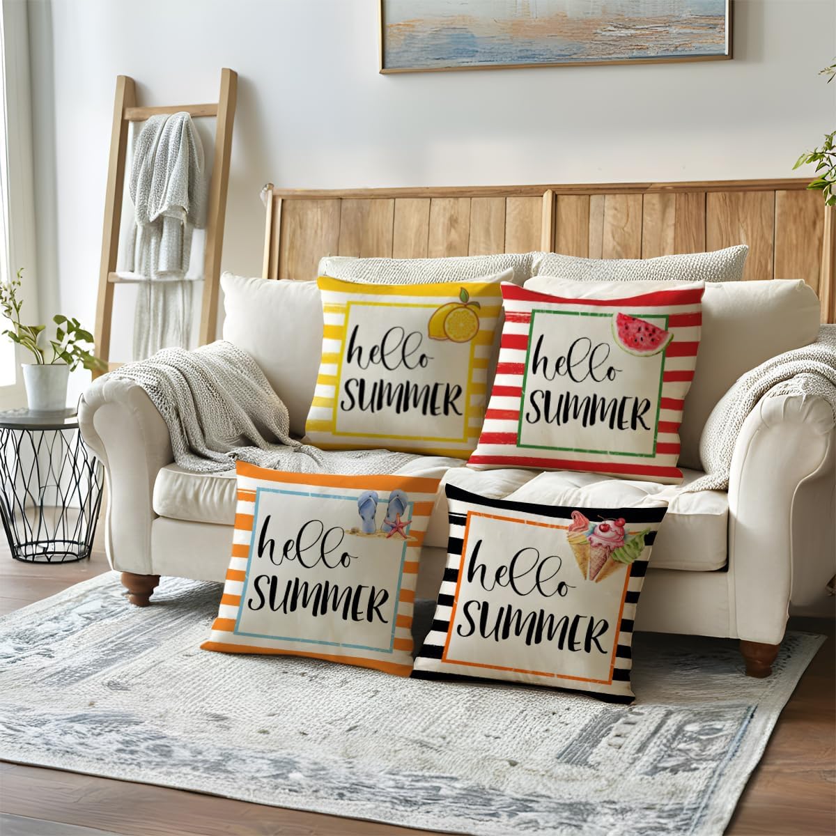ULOVE LOVE YOURSELF Hello Summer Decorative Pillow Cover Blue Stripes with Sunshine Design Cushion Cover 18×18 Farmhouse Summer Holiday Seasonal Decorations for Sofa Couch Porch (Blue/Yellow)