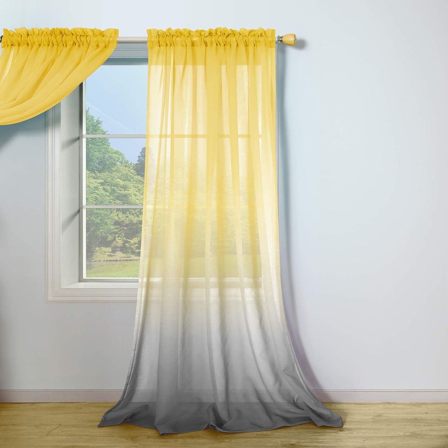 Yellow and Grey Curtains for Bedroom Set of 1 Panel Pole Pocket Faux Linen Semi Sheer Drapes Ombre Voile Curtains for Living Room Dining Room Girls Bedroom 52 x 63 Inch Length Yellow and Gray