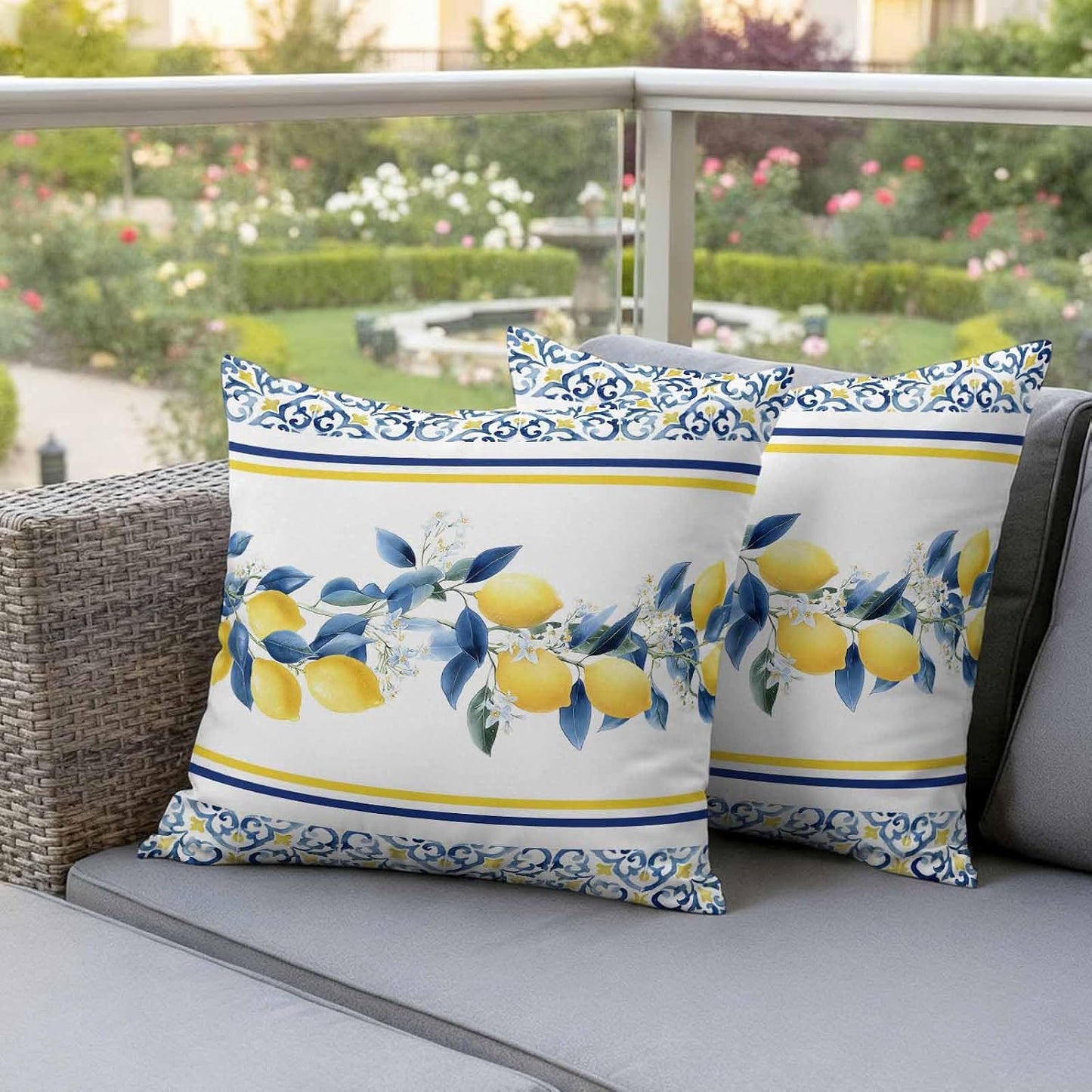 Summer Lemon Outdoor Pillow Covers Pack of 2 Lemon Flower Mediterranean Waterproof Garden Farmhouse Cushion Cases Decorative for Patio Furniture Balcony Couch Sofa 20 x 20 Inch