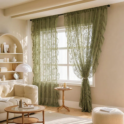 Living Room Lace Curtains 63/79/102 inch Long, 2 Panels Rustic Floral Vintage Sheer Window Curtains with Ruffle Rod Pocket for Balcony Bedroom(Yellow,140x160cm/55x63inch)