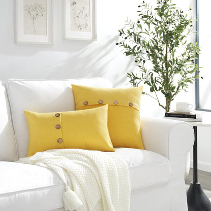Meekio Set of 2 Lemon Yellow Pillow Covers 16 x 16 Linen Pillow Covers with Coconut Buttons Farmhouse Décor Housewarming Gifts