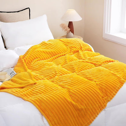 Yellow Fleece Throw Blanket 50”×60” for Couch Sofa Bed,Super Soft Cozy Plush Microfiber Flannel Blanket with 3D Stripes Lightweight for Adults,Woman,Gold