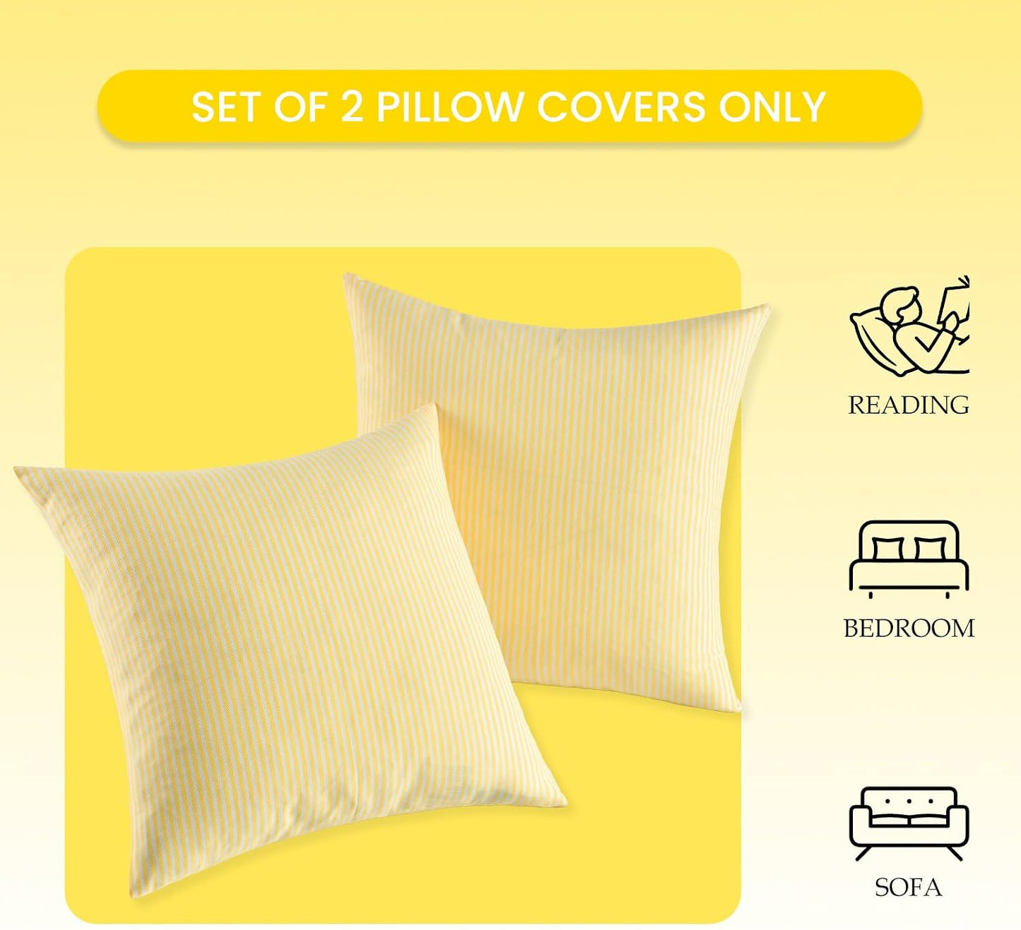 Yellow Striped Summer Outdoor Throw Pillow Covers 18x18 Set of 2, 18 x 18 Yellow and White Outdoor Throw Pillows, Modern Farmhouse Boho Decor Pillow Covers for Porch Patio (No Pillow Inserts)