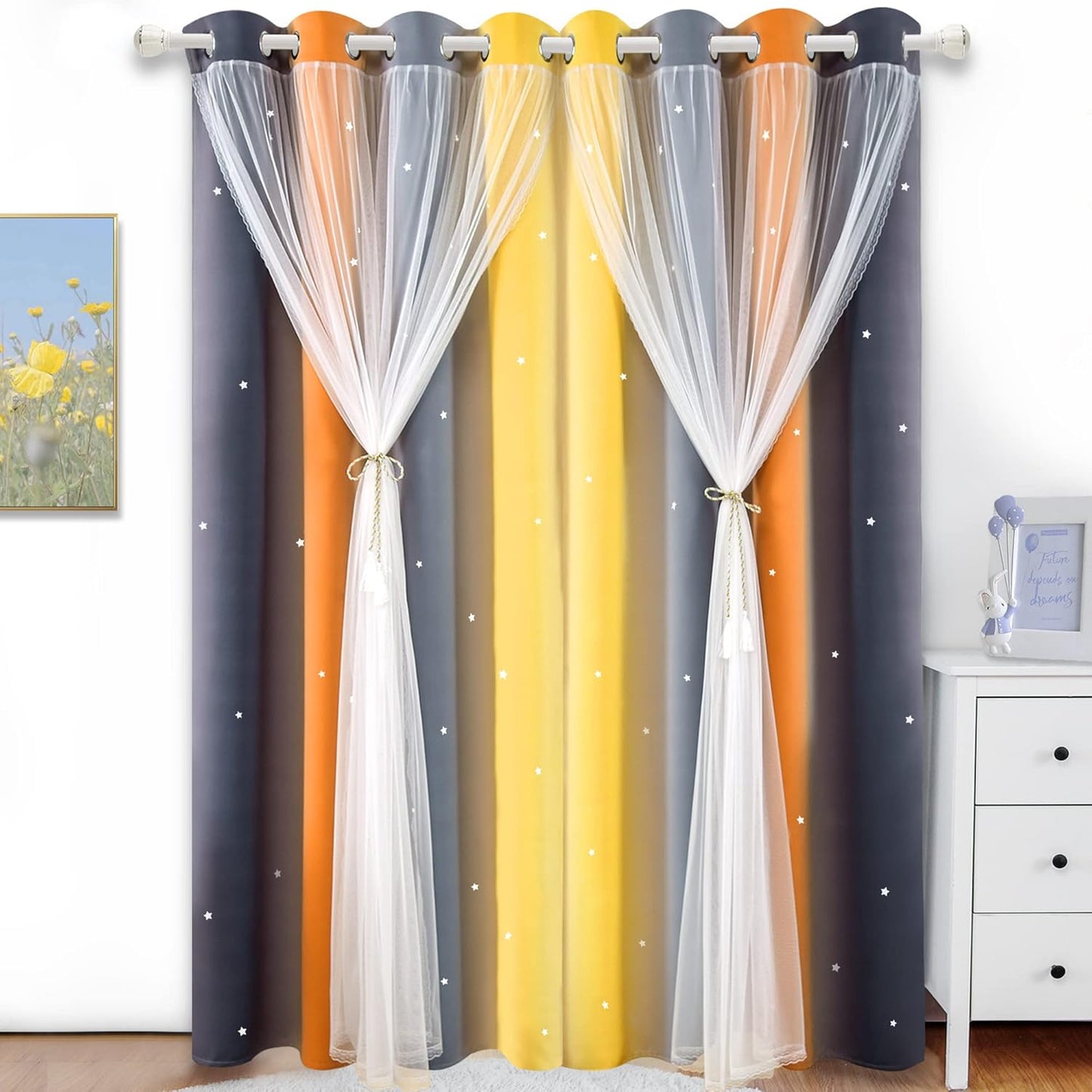 Christmas Rainbow Star Cutout Curtain for Bedroom - Double Layer Grommet Curtains Star Hollowed Curtain Rainbow Stripe Princess Curtains with Tie Backs Yellow/Grey 52W x 84L 2 Panels