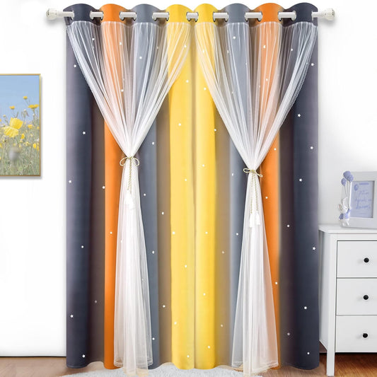 Christmas Rainbow Star Cutout Curtain for Bedroom - Double Layer Grommet Curtains Star Hollowed Curtain Rainbow Stripe Princess Curtains with Tie Backs Yellow/Grey 52W x 84L 2 Panels