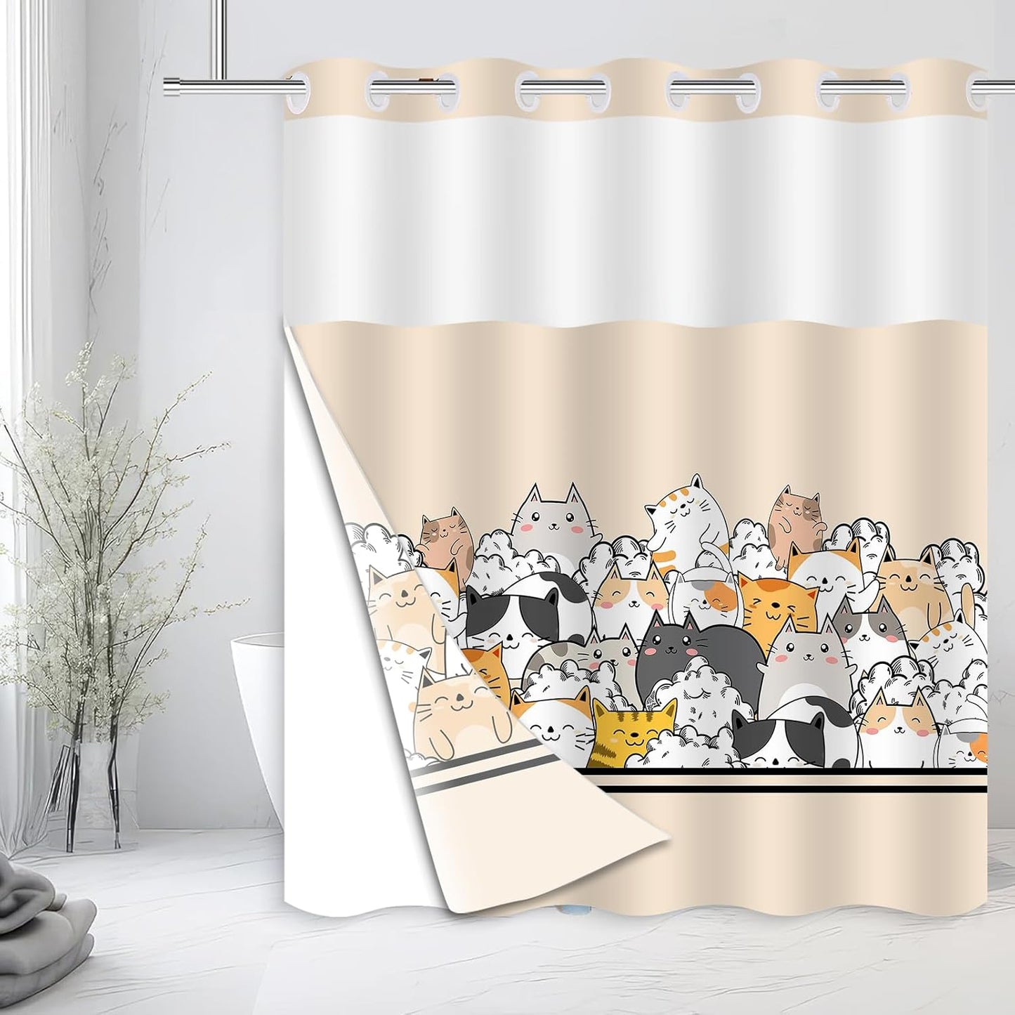 Cat Shower Curtain for Kids, Cartoon Animal Shower Curtain with Snap in Liner Set Double-Layer Hookless Shower Curtain for Bathroom Yellow 71x74Inch