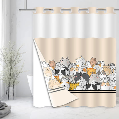 Cat Shower Curtain for Kids, Cartoon Animal Shower Curtain with Snap in Liner Set Double-Layer Hookless Shower Curtain for Bathroom Yellow 71x74Inch