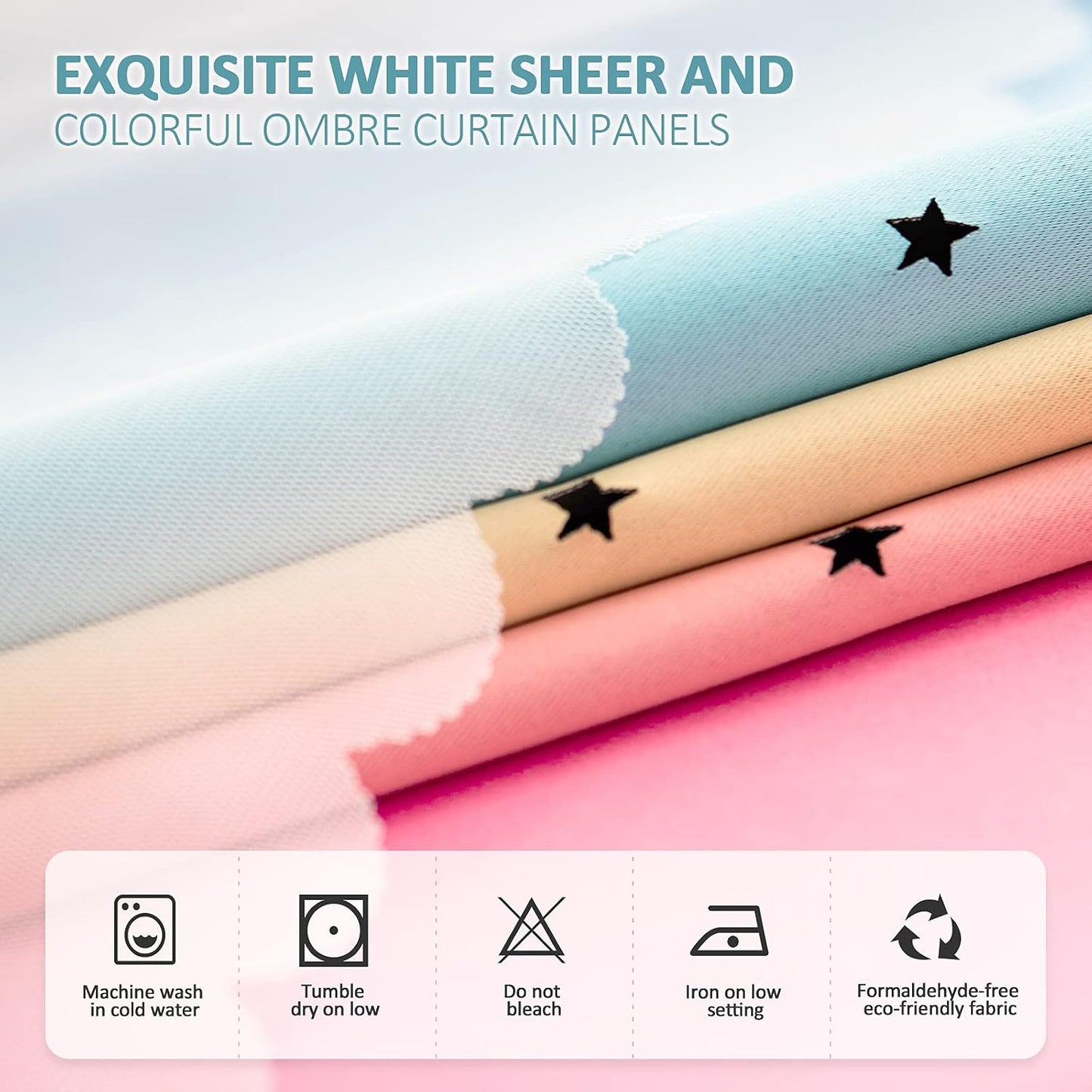 Stiio Rainbow Curtains for Girls Bedroom - 2 Panel Star Curtains with Sheer Double Layer Blackout, 52 x 63 inch Ombre & Yellow Pink