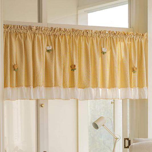 Linen Checked Valance Curtains Felt Floral Small Window Curtain for Kitchen Rustic Privacy Light Filtering Valance for Living Room Bedroom Bathroom,Yellow,59" W x 19" L