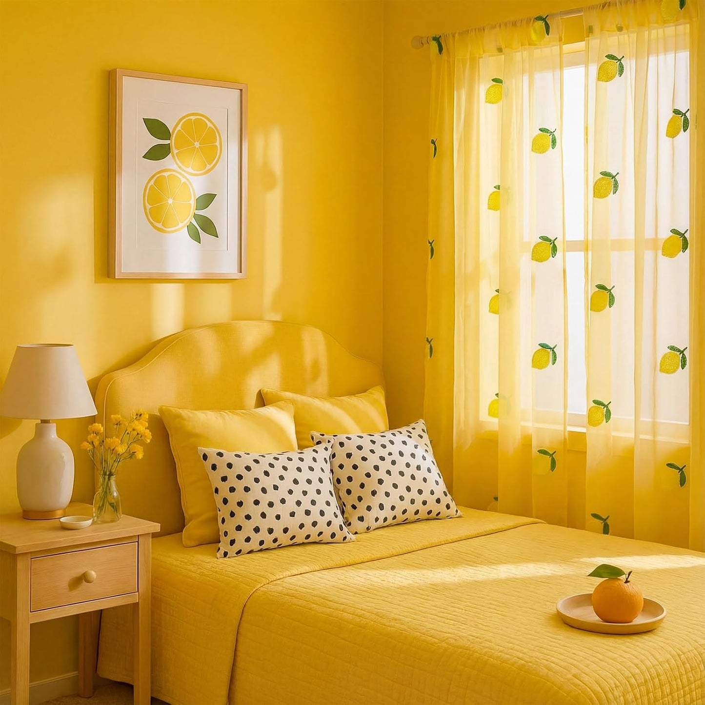 Tegeme 2 Panels Lemon Sheer Curtains for Girl Boy Bedroom 84 Inches Long Embroidered Voile Curtains Decorative Coquettish Sheer Shades Linen Window Decor for Summer Home Party Office