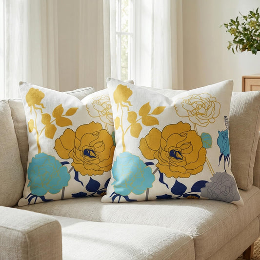 Blue Yellow Floral Pillow Covers 18x18 Set of 2 Thick Cotton Linen Spring Summer Throw Pillow Covers for Couch Bed Outdoor Patio Furniture Porch Vintage Flower Cushion Covers