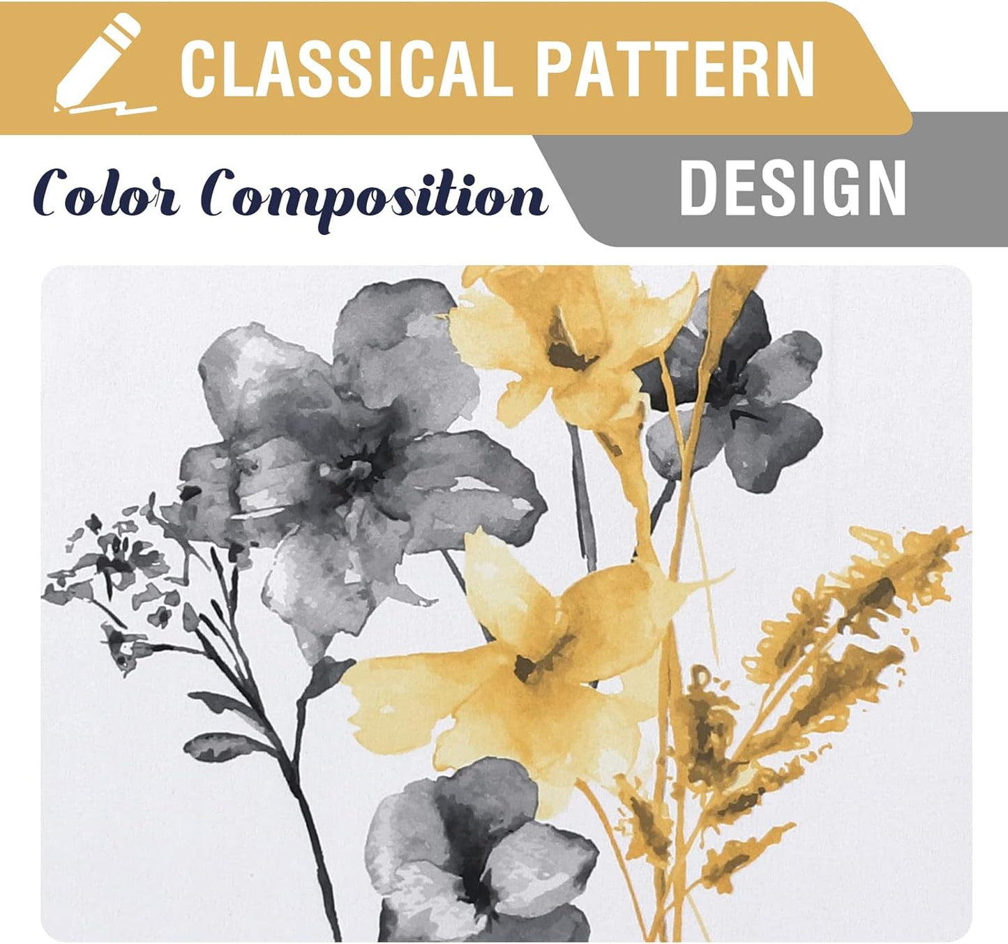 H.VERSAILTEX 100% Blackout Curtain Valances for Kitchen Windows 2 Panels Set Cattleya Floral Printed Leah Floral Thermal Insulated Rod Pocket Valances for Windows, 52" x 18", Grey/Yellow