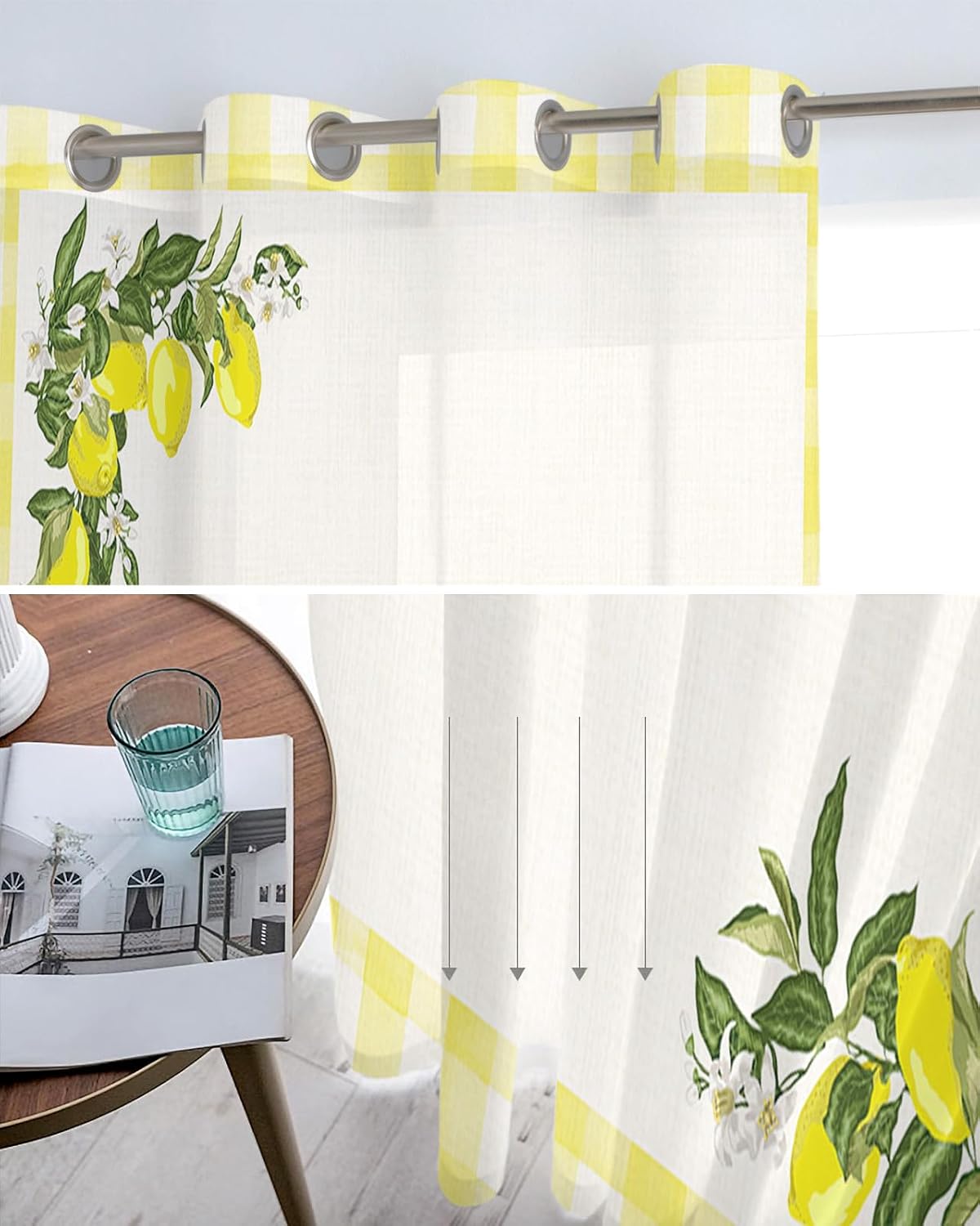 Sheer Curtains 52x54 Inch Length Summer Farmhouse Fruit Lemon Yellow Buffalo Plaid Semi Sheer Curtains Voile Grommet Drapes Chiffon Window Curtain for Living Room Bedroom Kitchen Nursery, 1 Panel