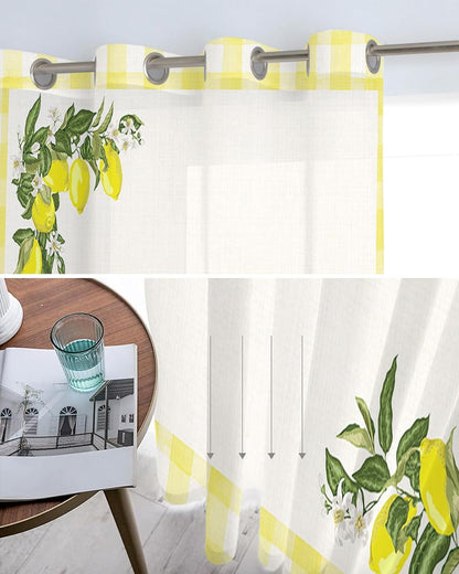 Sheer Curtains 52x54 Inch Length Summer Farmhouse Fruit Lemon Yellow Buffalo Plaid Semi Sheer Curtains Voile Grommet Drapes Chiffon Window Curtain for Living Room Bedroom Kitchen Nursery, 1 Panel