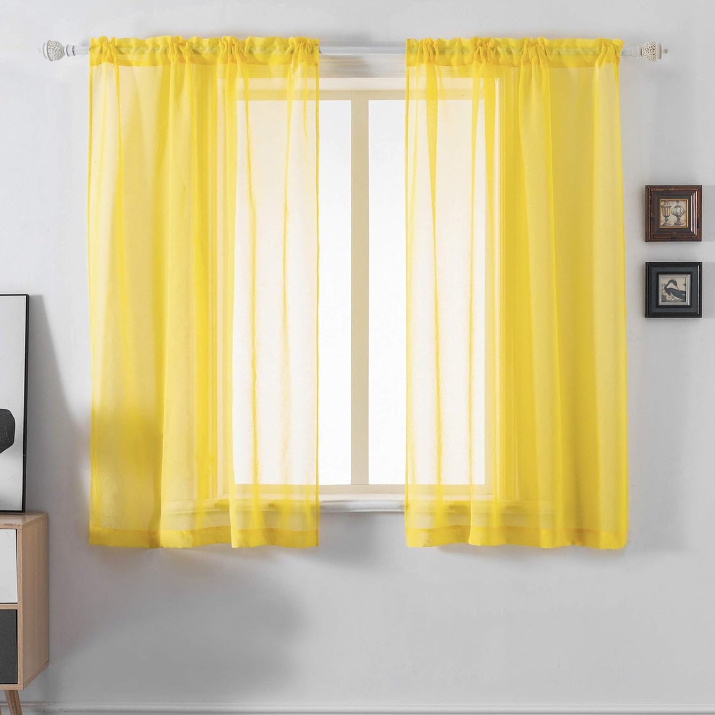 DUALIFE Yellow Sheer Curtains 54 Inch Length,Faux Linen Semi Sheer Curtain Drapes for Living Room Bedroom Nursery Kitchen Bathroom Privacy Voile Window Treatment Panels,Mustard,52 x 54 Inches,Set of 2