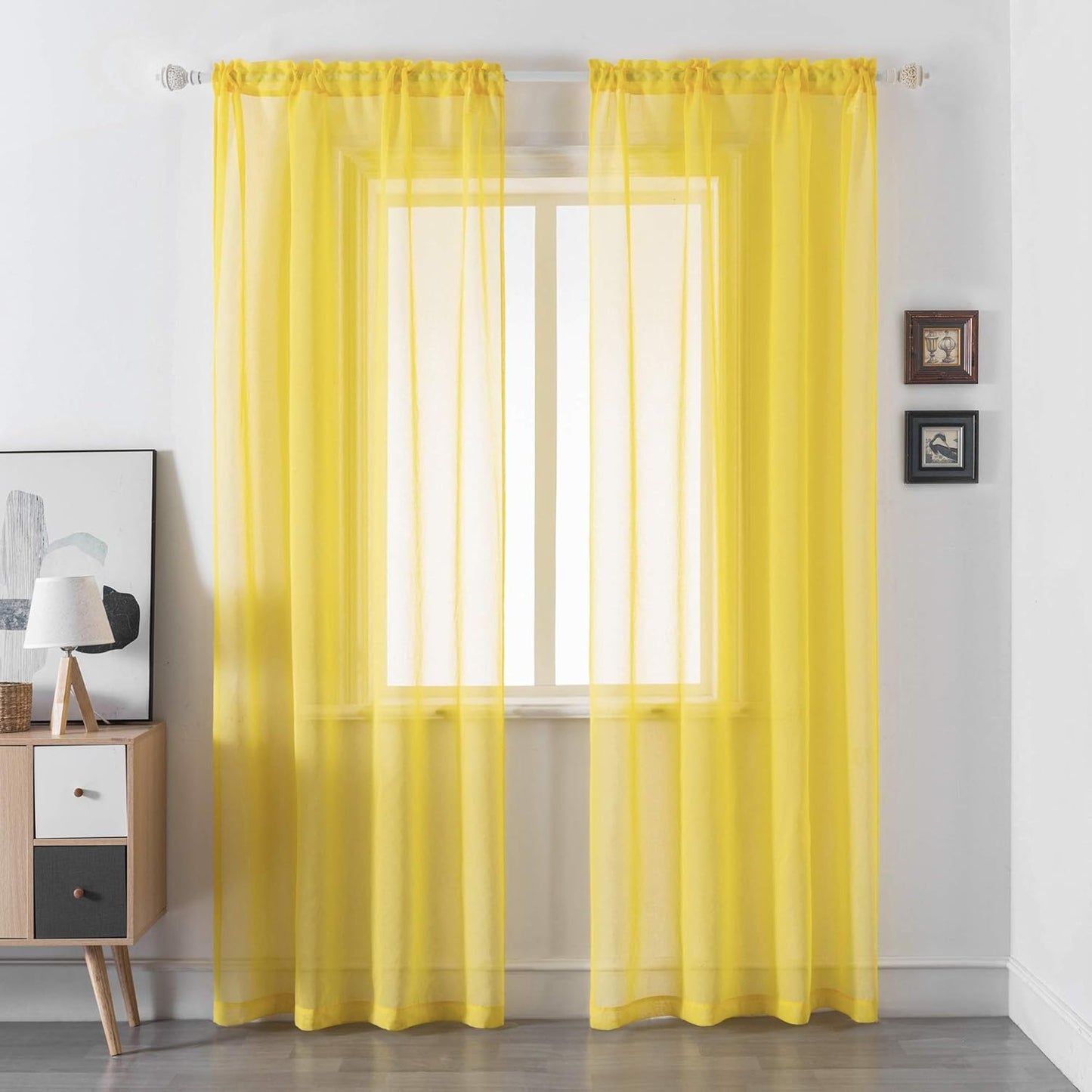 DUALIFE Bright Yellow Sheer Curtains 84 Inch Length - Yellow Sheer Curtains Panels for Bedroom Textured Window Treatment Voile Drapes Rod Pocket 52W x 84L inch Set of 2 Panels