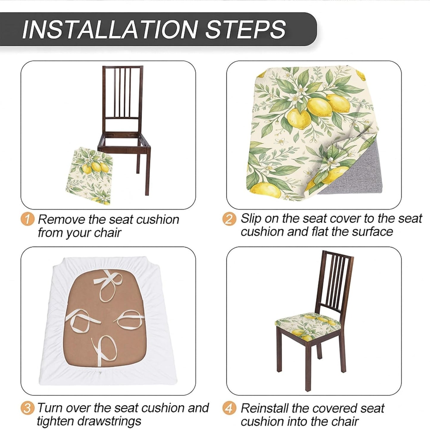 Lemon Seat Covers for Chairs, Botanical Natural Leaf Flower Summer Yellow Spandex Washable Stretch Breathable Chair Covers Decor for Kitchen Restaurant Office Party 4pcs