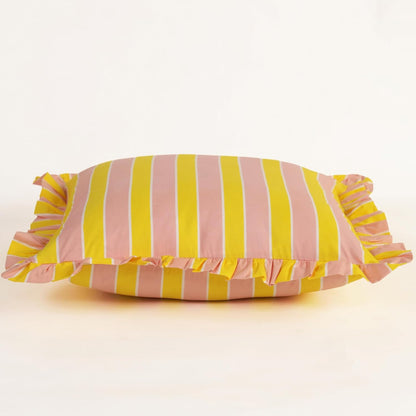 Hand Printed, Artisan-Made Neutral Accent Throw Cushion Cover- Thick Cotton Cushion for Sofa, Bed, Chair, Home Decor, Gifting, Spring Vibe, Boho- Stripe (2, Pink & Yellow, 20"X20")