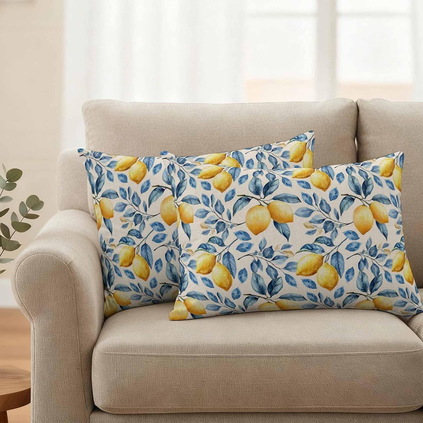 Outdoor Waterproof Throw Pillow Covers, Lemon Decorative Pillow Cases, Spring Summer Pastoral Fruit Leaf Branch Couch Pillow Protector Patio Sofa Cushion Covers Replacement 20"x12" 2 Pack