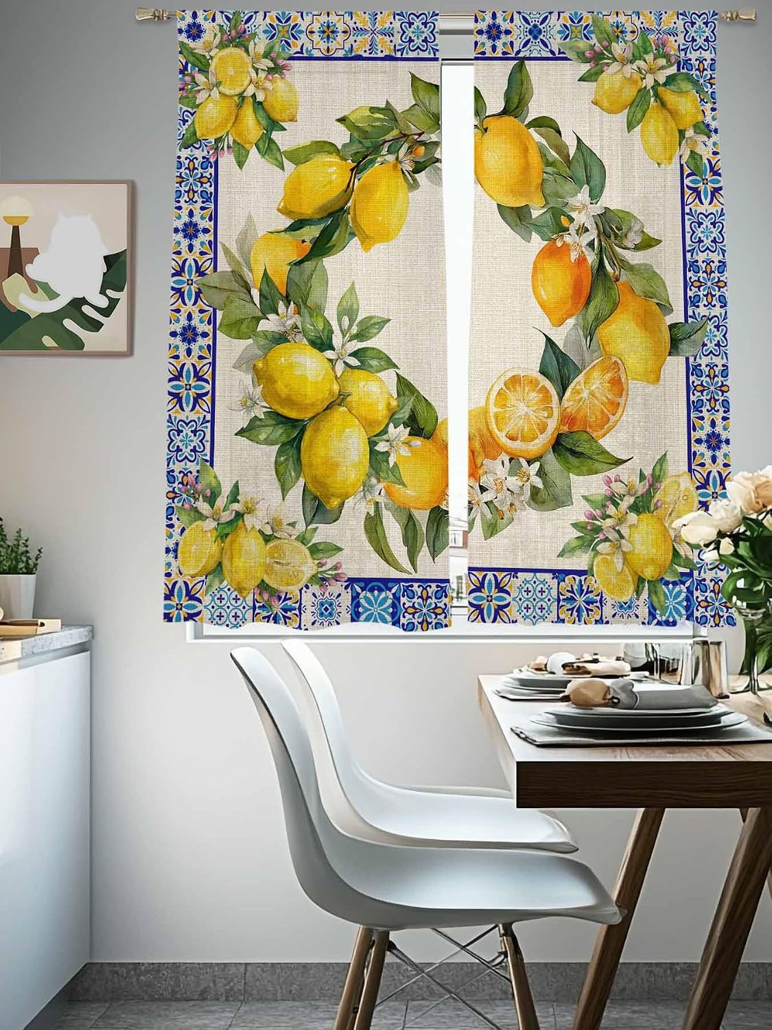 Summer Lemons Semi Sheer Curtains 72 inch length 2 panels set Vintage Yellow Fruit Flower Blue Ethnic Plaid Kitchen Curtains Rod Pocket Sheer Drapes for Bedroom Living Room, Voile Window Treatment