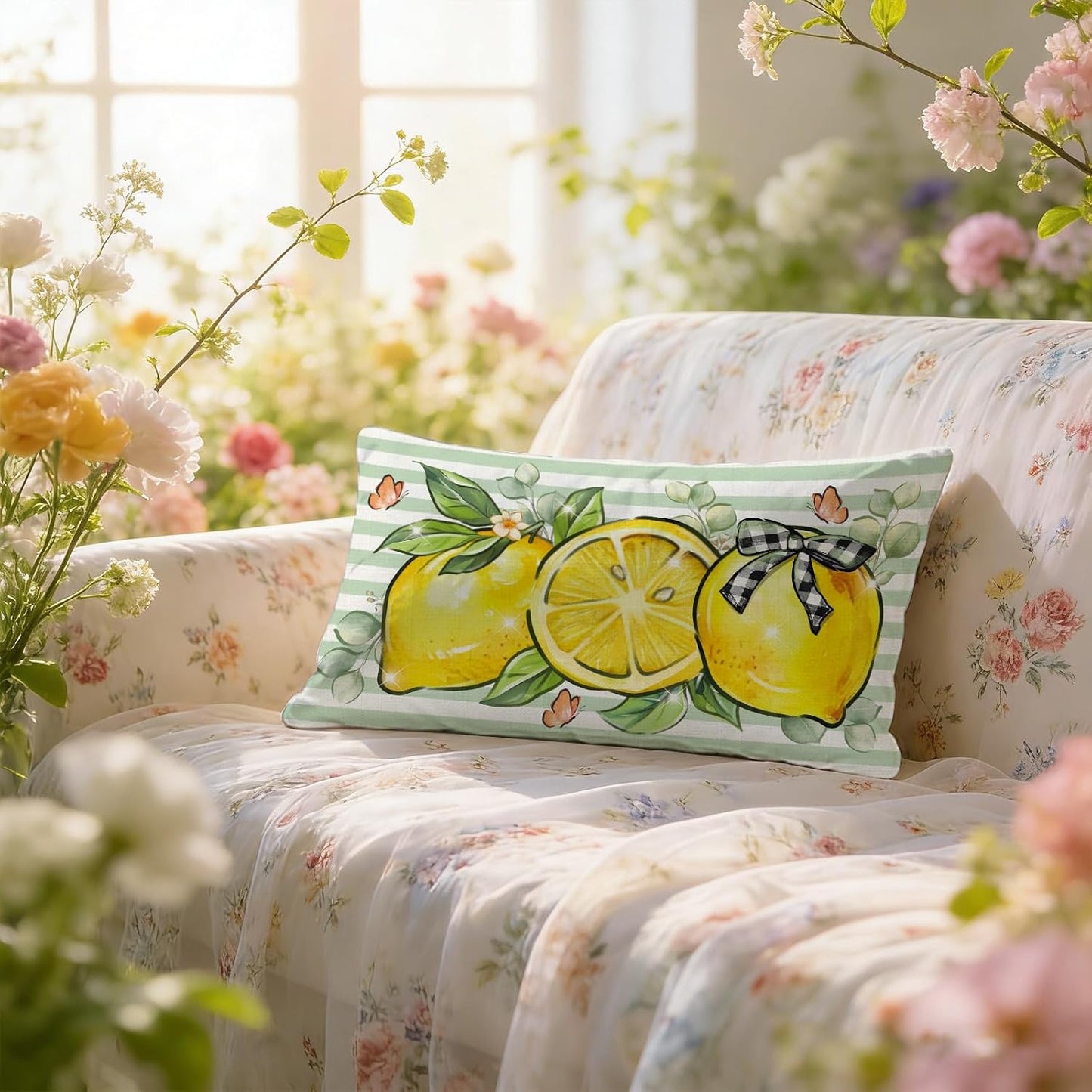 Spring Summer Lemon Lumbar Decorative Throw Pillow Cover 12 x 20, Rectangular Citrus Fruit Plaid Bow Outdoor Home Decor, Green Striped Butterfly Farmhouse Sofa Couch Cushion Case