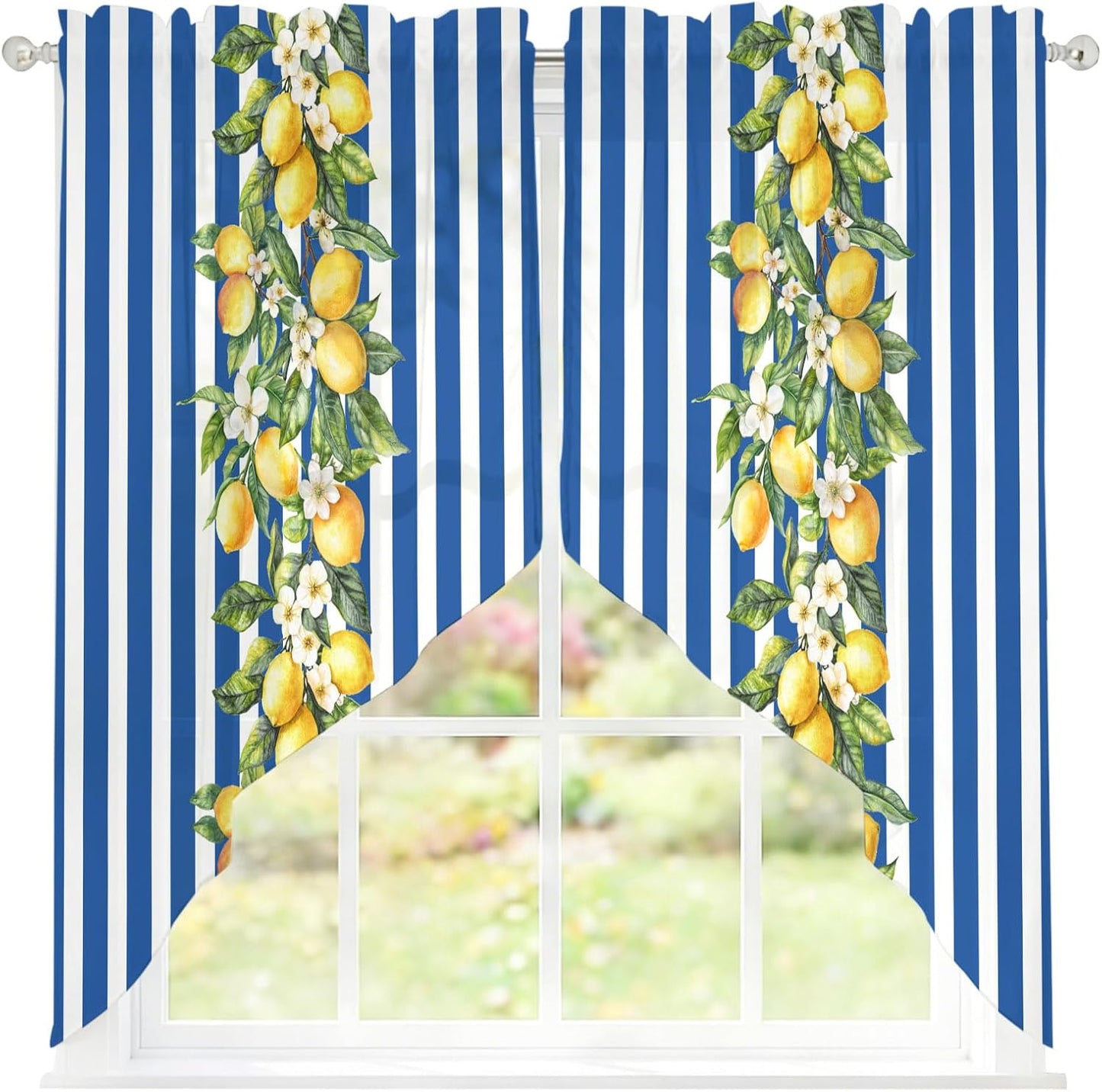 Blue Stripes Lemon Swag Curtains 36 Inch Length 2 Panels Set,Spring Fruit Flowers Leaves Line Semi-Sheer Curtain Drapes Rod Pocket Valance For Kitchen,Living Room,Bedroom,Bathroom Window 56"Wx36"L
