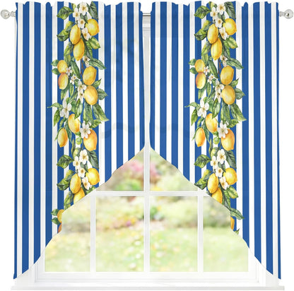 Blue Stripes Lemon Swag Curtains 36 Inch Length 2 Panels Set,Spring Fruit Flowers Leaves Line Semi-Sheer Curtain Drapes Rod Pocket Valance For Kitchen,Living Room,Bedroom,Bathroom Window 56"Wx36"L