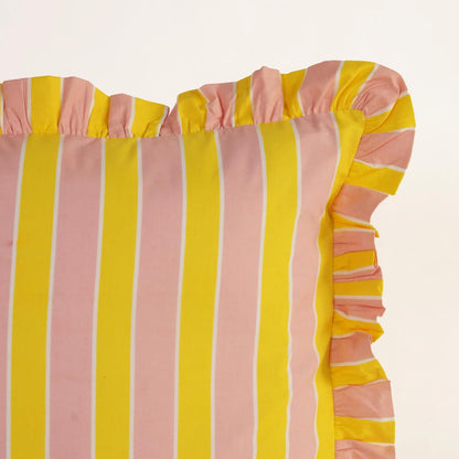 Hand Printed, Artisan-Made Neutral Accent Throw Cushion Cover- Thick Cotton Cushion for Sofa, Bed, Chair, Home Decor, Gifting, Spring Vibe, Boho- Stripe (2, Pink & Yellow, 20"X20")