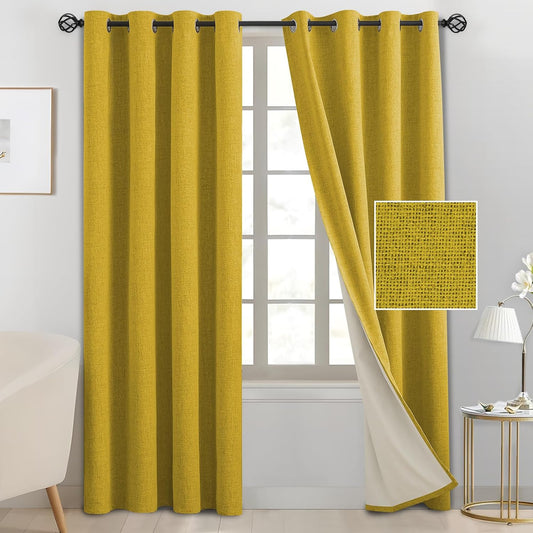SimpleHome Mustard Yellow Linen Curtains for Bedroom 90 Inch Long 2 Panel Set,100% Blackout Faux Linen Textured Curtains Grommet for Living Room with White Liner Grommet