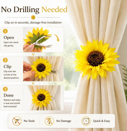 2Pcs Sunflower Curtain Tiebacks Yellow Floral Decor for Farmhouse Bedroom Window Treatments Decorative Drapery Tie Up Hooks No Drill Holders for Boho Curtains