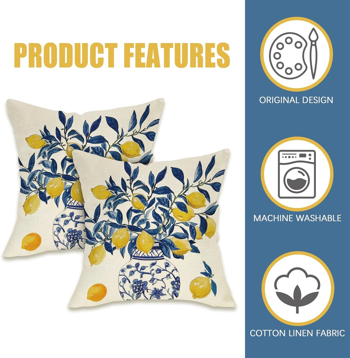 Fahrendom Lemon Decorative Throw Pillow Covers 18 x 18 Set of 2, Blue and White Porcelain Citrus Porch Pillowcase, Summer Mediterranean Sofa Couch Cushion Case Home Decor