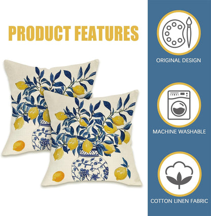 Fahrendom Lemon Decorative Throw Pillow Covers 18 x 18 Set of 2, Blue and White Porcelain Citrus Porch Pillowcase, Summer Mediterranean Sofa Couch Cushion Case Home Decor
