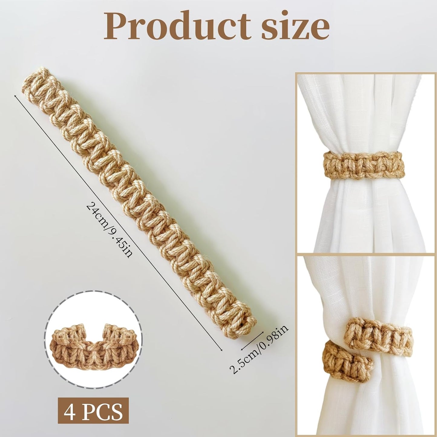 Curtain Tiebacks 4 Pack Yellow Woven Curtain Holdbacks for Home Outdoor Bedroom Office Decorative Curtain, Easy Adjustable Curtain Ties & Holders