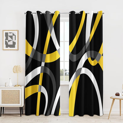 weesire Black and Yellow Blackout Curtains for Bedroom Living Room 2 Panels 100% Blackout Modern Circle Pattern Curtains Abstract Stripe Curtains, 52x84 Inches
