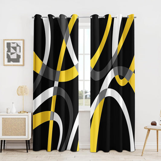 weesire Black and Yellow Blackout Curtains for Bedroom Living Room 2 Panels 100% Blackout Modern Circle Pattern Curtains Abstract Stripe Curtains, 52x84 Inches
