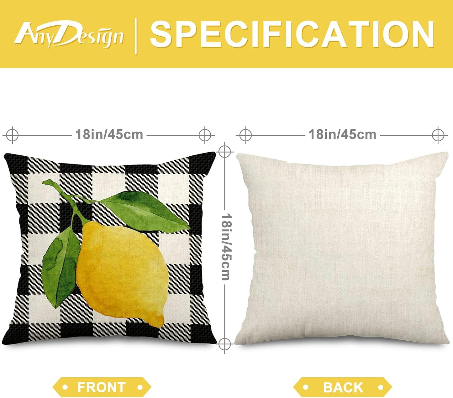 AnyDesign Lemon Pillow Covers 18 x 18 in Summer Farmhouse Throw Pillow Case Watercolor Buffalo Plaids Truck Hello Sunshine Cushion Cases for Home Sofa Couch, 4 Pack