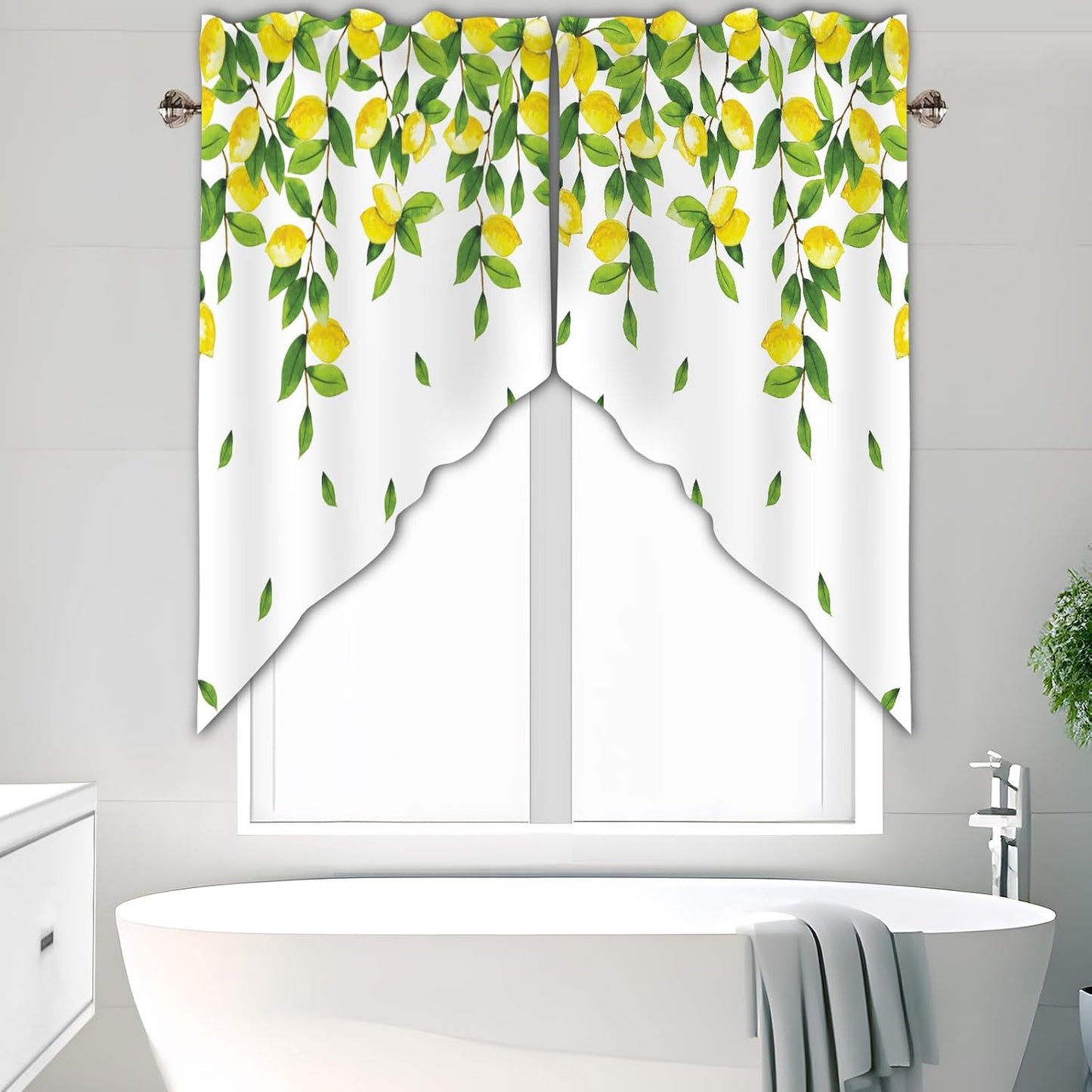 Lemon Swag Curtain Valance for Windows,Yellow Green Window Treatments Short Swag Topper for Kitchen Windows Bathroom Bedroom,28 x 36 Inch, 1 Pair