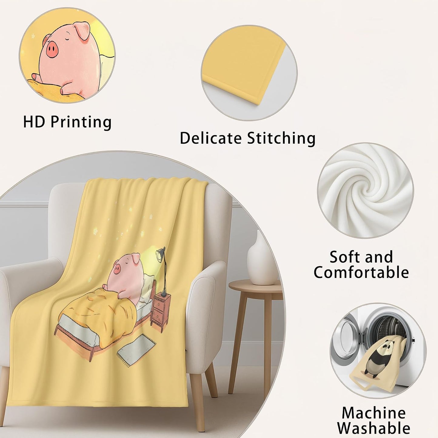 The Cartoon Throw Blanket 50" x 70", Piglet Sleeping Cozy Printed Blankets Gifts for Women Men Kids Fleece Cozy Fuzzy Lemon Yellow Blanket for Birthday Christmas Room Decor