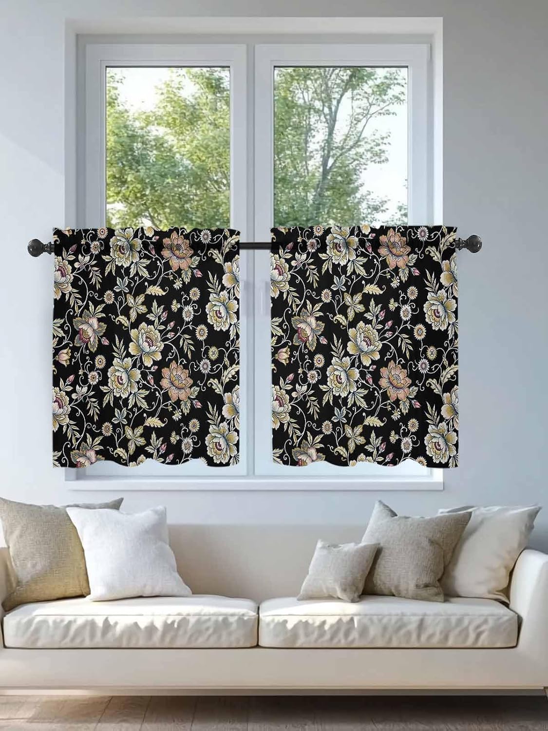 Damask Florals Sheer Curtains for Bedroom Living Room Window Tier Curtains 24 Inch Length,Garden Yellow Flowers Daisy Leaf Rustic Black Kitchen Curtains Small Half Window Drapes 27.5"x24" 2 Panels