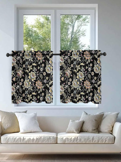 Damask Florals Sheer Curtains for Bedroom Living Room Window Tier Curtains 24 Inch Length,Garden Yellow Flowers Daisy Leaf Rustic Black Kitchen Curtains Small Half Window Drapes 27.5"x24" 2 Panels