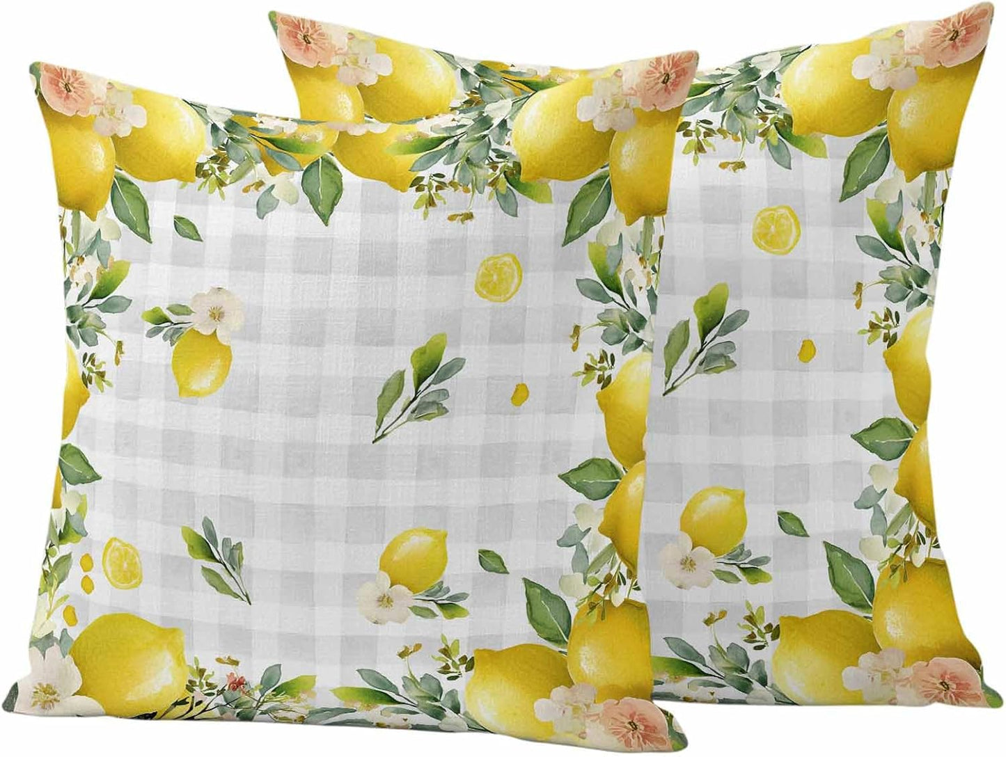 Outdoor Pillow Covers 18x18 Pack of 2, Summer Yellow Lemon on Grey Check Decorative Pillow Cover Waterproof Pillowcase, Farmhouse Fruit Theme Farmhouse Cushion Covers for Garden Patio Sofa Couch