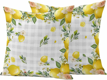 Outdoor Pillow Covers 18x18 Pack of 2, Summer Yellow Lemon on Grey Check Decorative Pillow Cover Waterproof Pillowcase, Farmhouse Fruit Theme Farmhouse Cushion Covers for Garden Patio Sofa Couch
