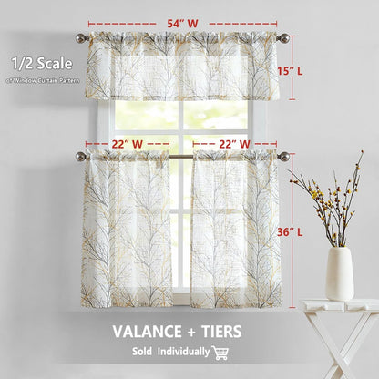 FMFUNCTEX Window Valance Curtains Yellow Grey Tree Branch Print on Semi Sheer White Short Valance for Kitchen Bathroom Rod Pocket Window Treatment 1 Panel, 50 x 15 Inches