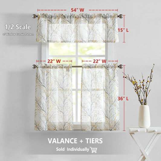 FMFUNCTEX Window Valance Curtains Yellow Grey Tree Branch Print on Semi Sheer White Short Valance for Kitchen Bathroom Rod Pocket Window Treatment 1 Panel, 50 x 15 Inches