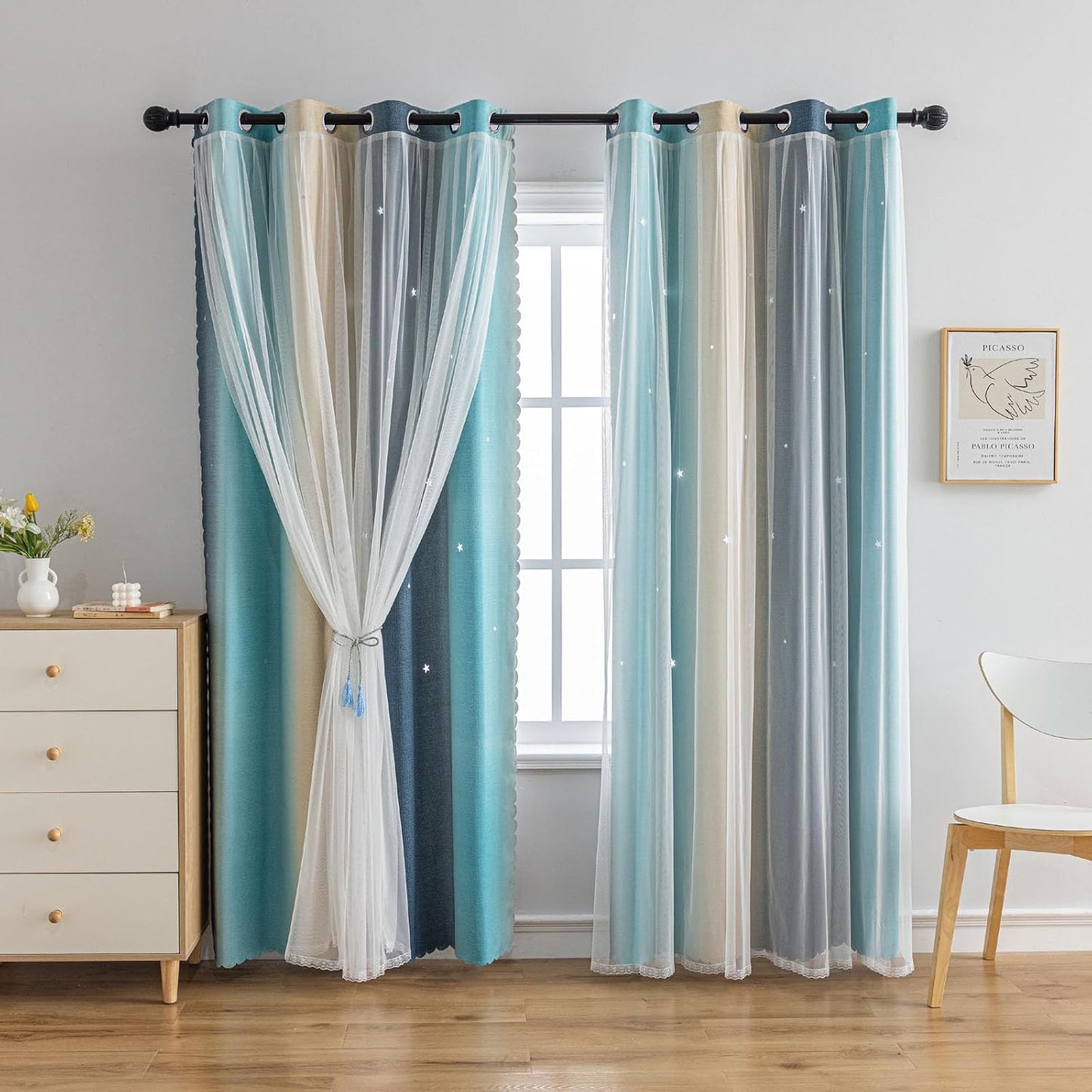 Star Girl and Kids Curtains for Bedroom Rainbow Ombre Double Layer Cute Shot Nursery Darkening Grommet Princess Room Décor 2 Panels Living Room Window Curtain (Yellow-Blue, 52W x 63L)