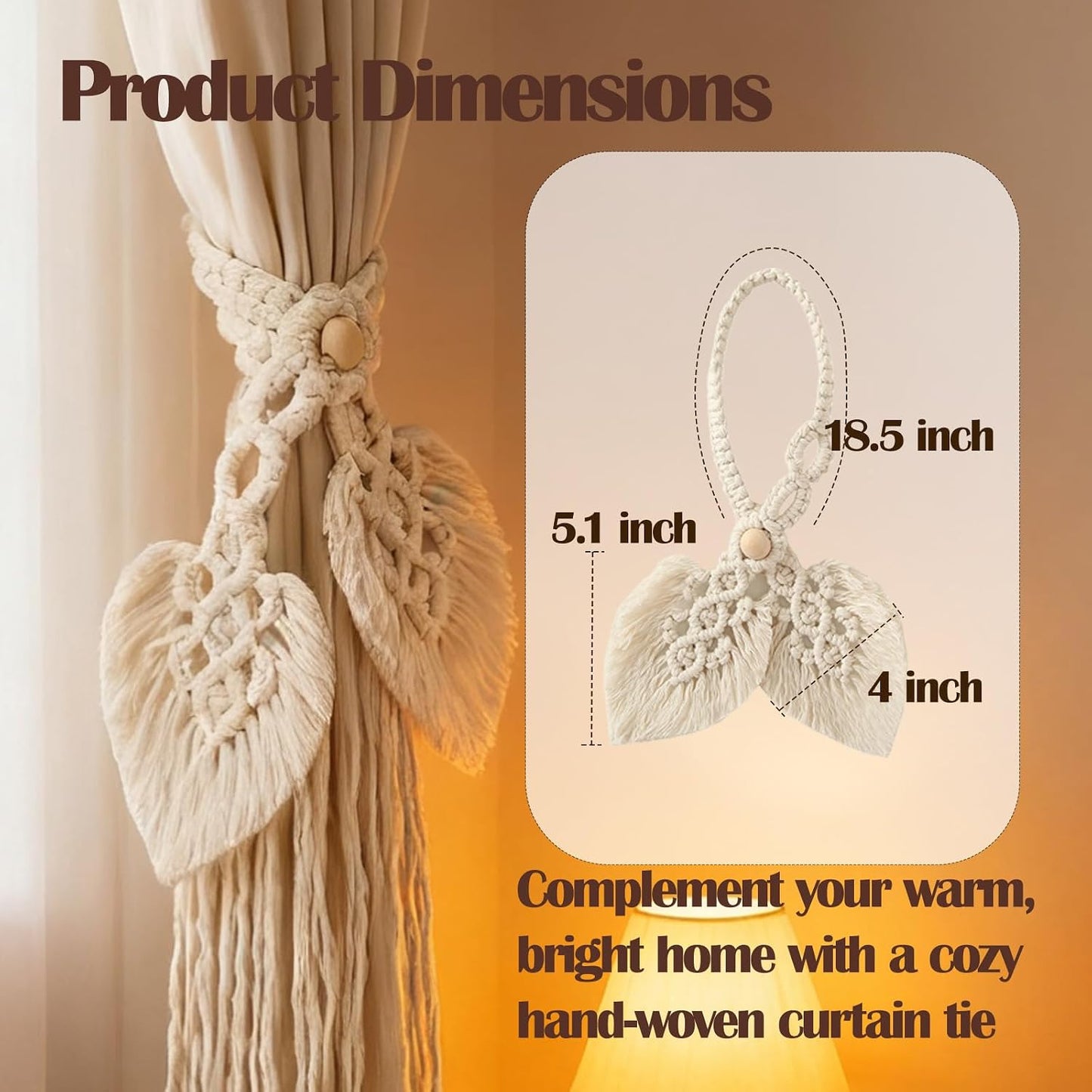2 PCS Boho Curtain Tiebacks Wooden Bead Curtain Ties Adjustable Hand Knitting Cotton Curtain Holdbacks Woodland Curtain Tie Backs for Drapes Decorative (Yellow)