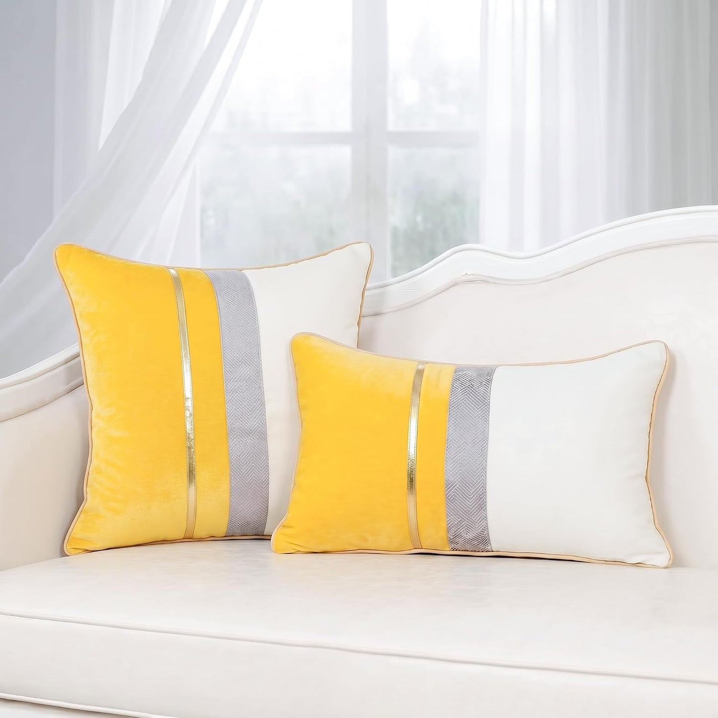 PANOD Patchwork Yellow Silk-Like Velvet Throw Pillow Cover with Gold Striped Leather Cushion Case Modern Luxury Square Pillowcase for Sofa Couch Bedroom Living Room Home,16x16 inch