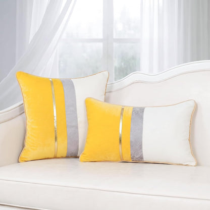PANOD Patchwork Yellow Silk-Like Velvet Throw Pillow Cover with Gold Striped Leather Cushion Case Modern Luxury Square Pillowcase for Sofa Couch Bedroom Living Room Home,16x16 inch